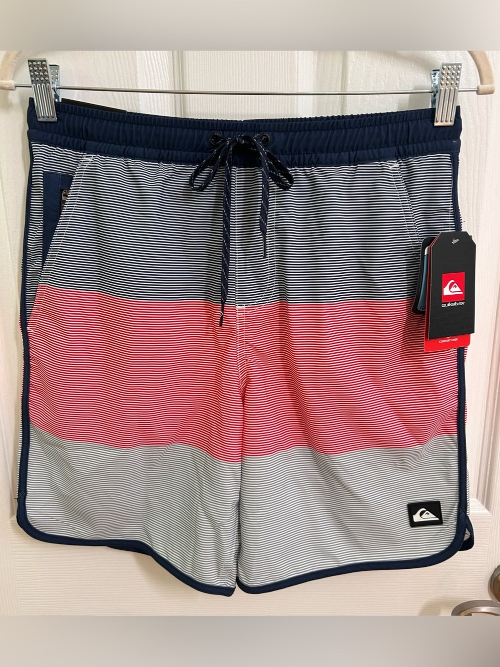 New Quiksilver Men’s Navy, Red & Grey Stripe Board Shorts